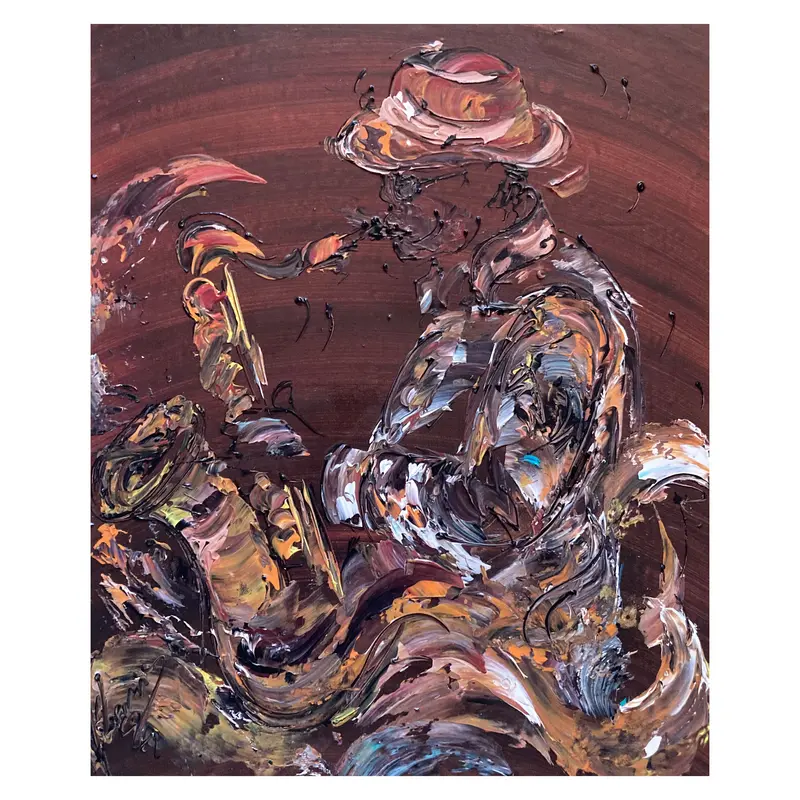 Tableau Peinture Saxophoniste Chapeau Jazz - Spatule Reliefs - Toile Originale 55x46cm