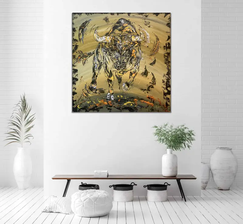 Tableau Peinture Taureau Combat - Spatule Reliefs - Toile Originale 70x70cm