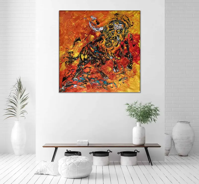 Tableau Peinture Taureau Féria - Spatule Reliefs - Toile Originale 70x70cm