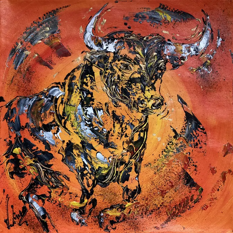 Tableau Peinture Taureau fond soleil - Spatule Reliefs - Toile Originale 40x40cm