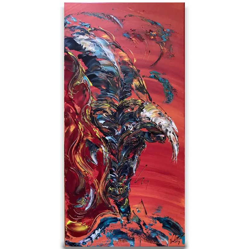 Tableau Peinture Taureau Tauromachie - Spatule Reliefs - Toile Originale 40x80cm
