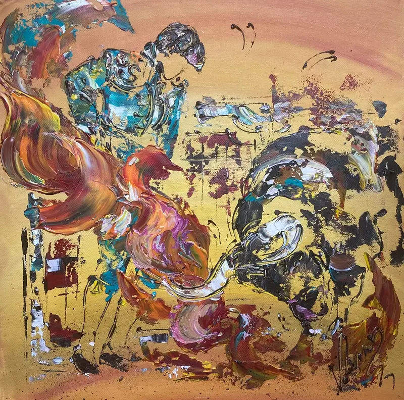 Tableau Peinture Tauromachie Corrida Arène - Spatule Reliefs - Toile Originale 40x40cm