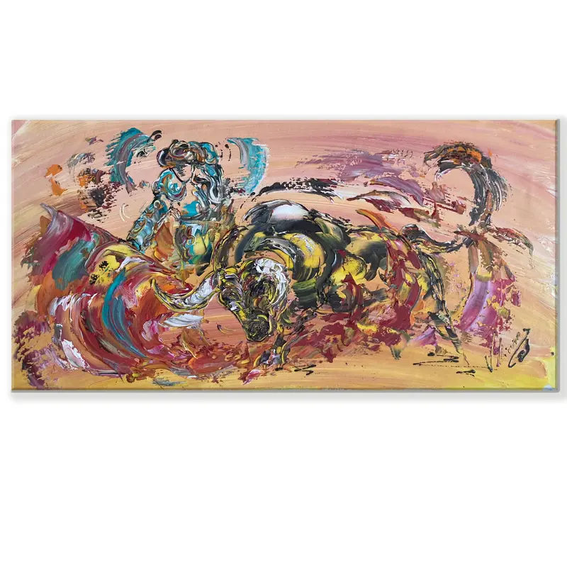 Tableau Peinture Tauromachie Taureau Corrida - Spatule Reliefs - Toile Originale 30x60cm