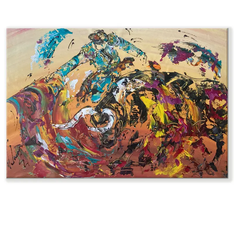 Tableau Peinture Tauromachie Taureau Corrida - Spatule Reliefs - Toile Originale 40x60cm