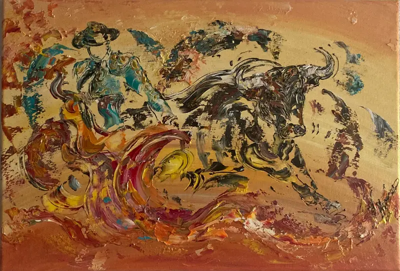 Tableau Peinture Tauromachie Taureau Corrida - Spatule Reliefs - Toile Originale 73x50cm