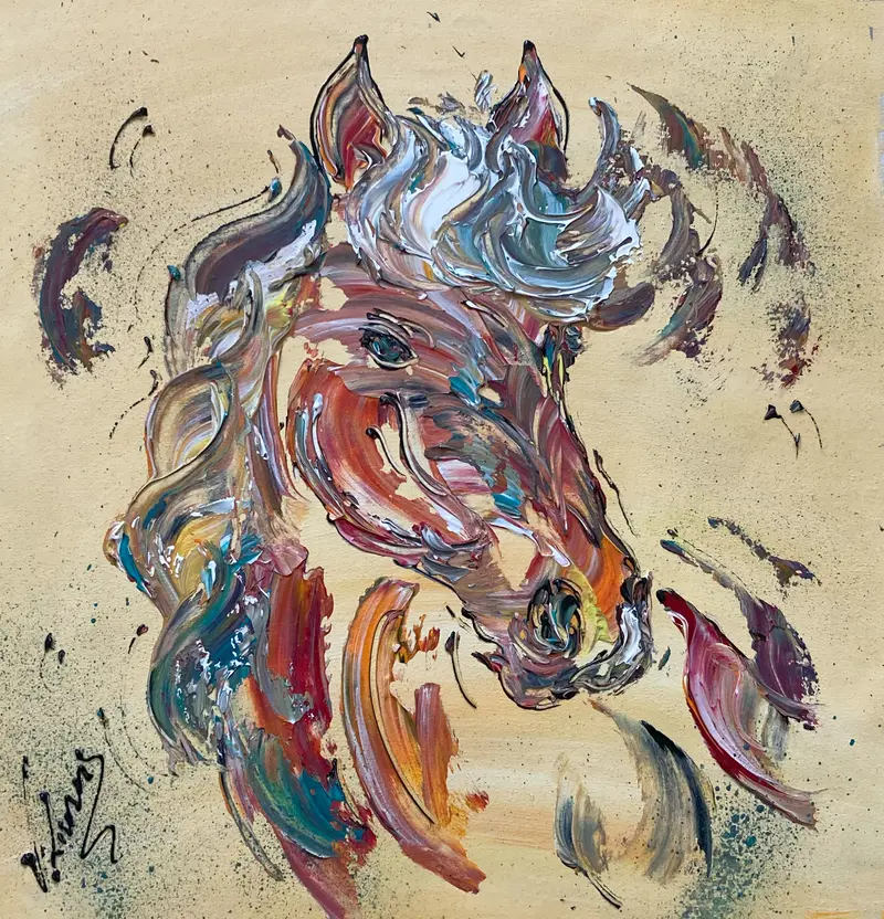 Tableau Peinture Tête Cheval Multicolore - Spatule Reliefs - Toile Originale 40x40cm