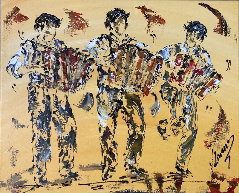 Tableau Peinture Trio Accordéonistes - Spatule Reliefs - Toile Originale 46x38cm