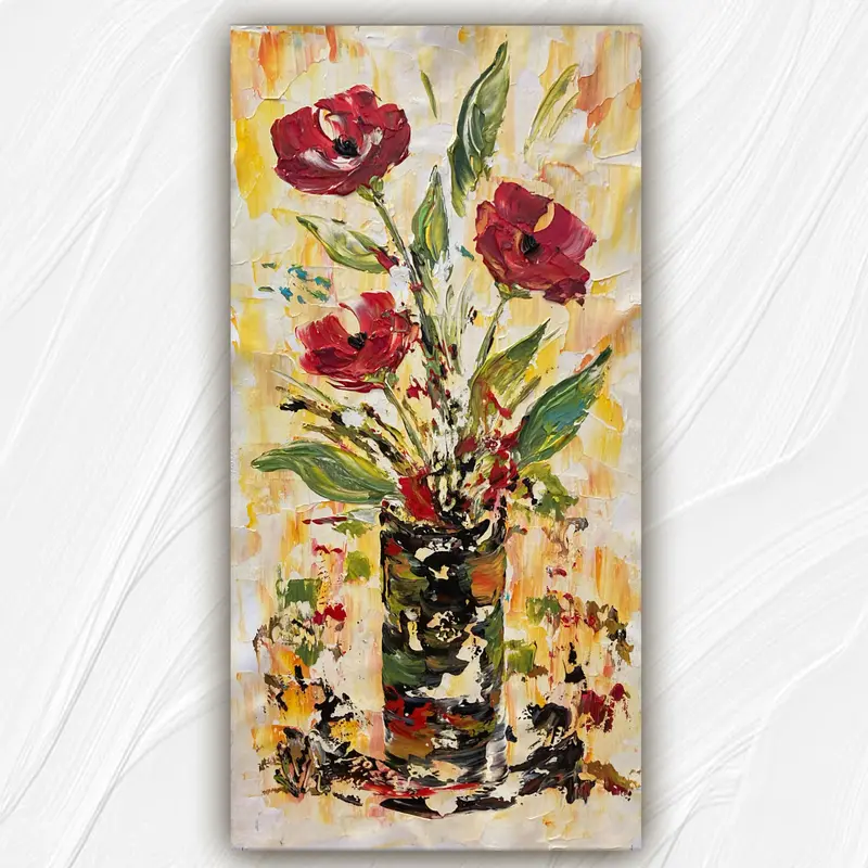 Tableau Peinture Trois Fleurs Rouges - Spatule Reliefs - Toile Originale 30x60cm