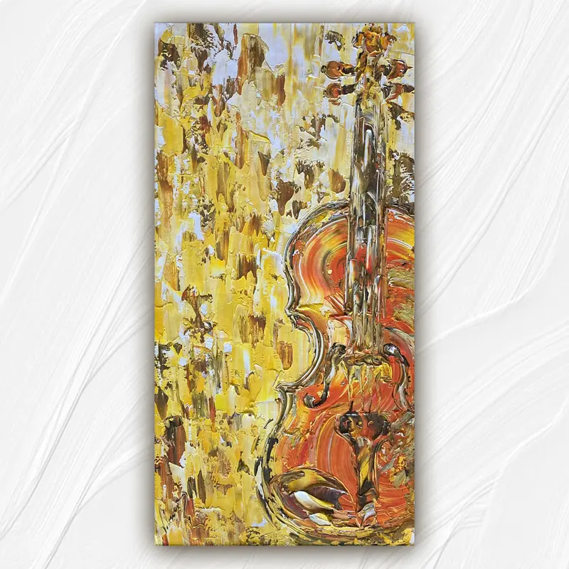 Tableau Peinture Violon Musique - Spatule Reliefs - Toile Originale 40x80cm Reliefs
