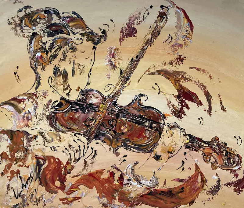 Tableau Peinture Violoniste Femme Musique - Spatule Reliefs - Toile Originale 55x46cm