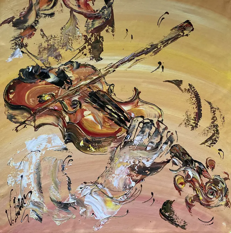 Tableau Peinture Violoniste Musique - Spatule Reliefs - Toile Originale 50x50cm