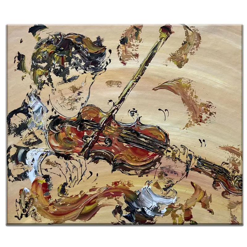 Tableau Peinture Violoniste Musique - Spatule Reliefs - Toile Originale 55x46cm