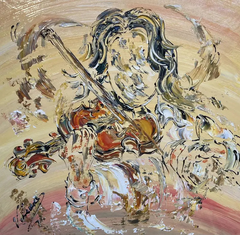 Tableau Peinture violoniste - Spatule Reliefs - Toile Originale 40x40cm