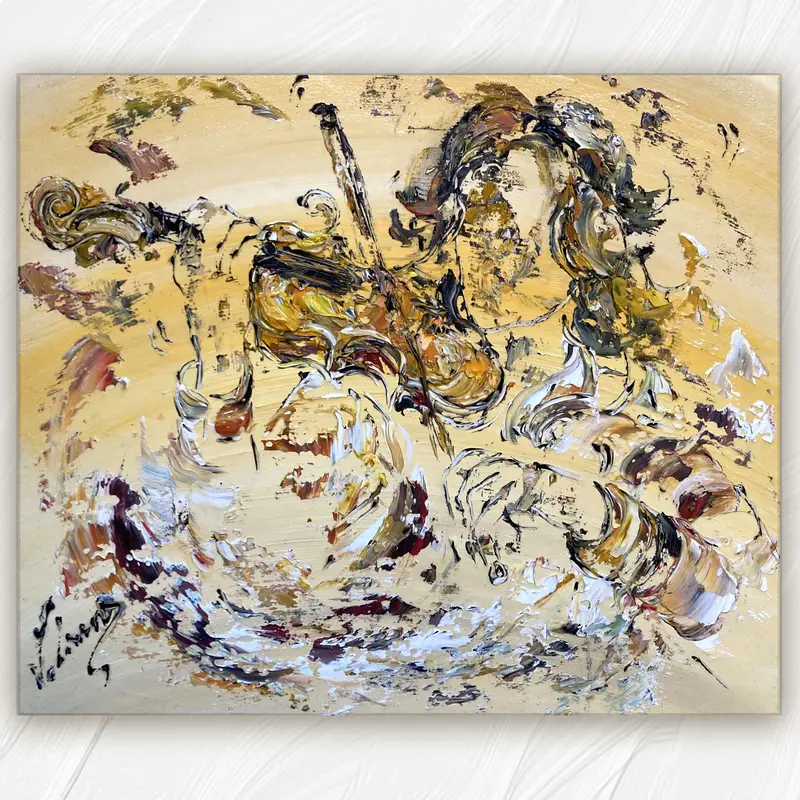 Tableau Peinture violoniste - Spatule Reliefs - Toile Originale 46x38cm