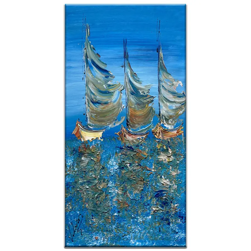 Tableau Peinture Voiliers Marine Mer - Spatule Reliefs - Toile Originale 30x60cm