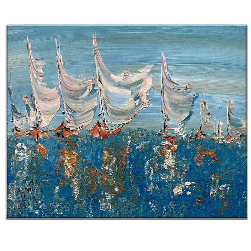 Tableau Peinture Voiliers Océan Marine - Spatule Reliefs - Toile Originale 30x40cm
