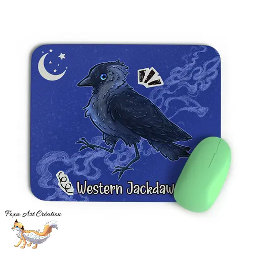 Tapis de souris Choucas des Tours, illustration, nocturne, oiseau corvidé, Modèle 1, décoration de bureau