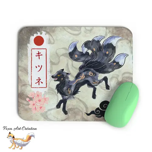 Tapis de Souris Kitsune Renard Argenté Noir Japonais Kyubi - Accessoire Bureau Folklore Mangas Illustration