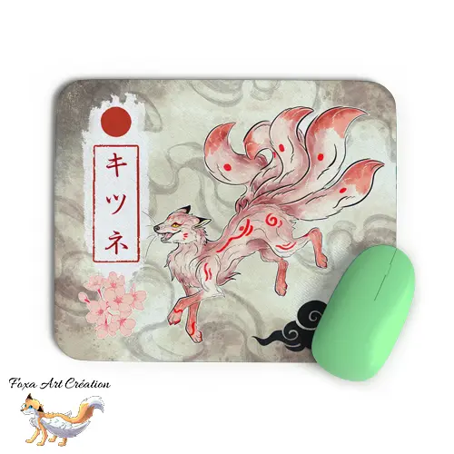 Tapis de Souris Kitsune Renard Blanc Japonais Kyubi - Accessoire Bureau Folklore Mangas Illustration