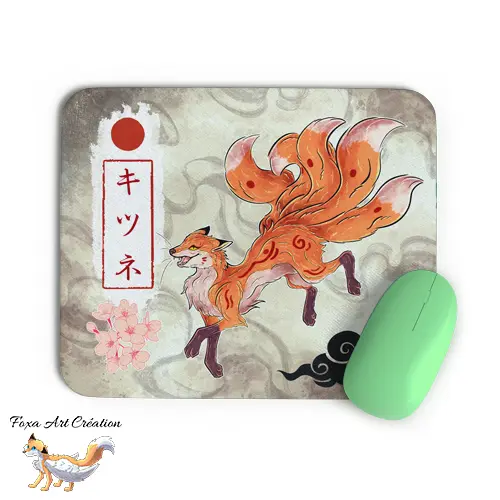 Tapis de Souris Kitsune Renard Roux Japonais Kyubi - Accessoire Bureau Folklore Mangas Illustration