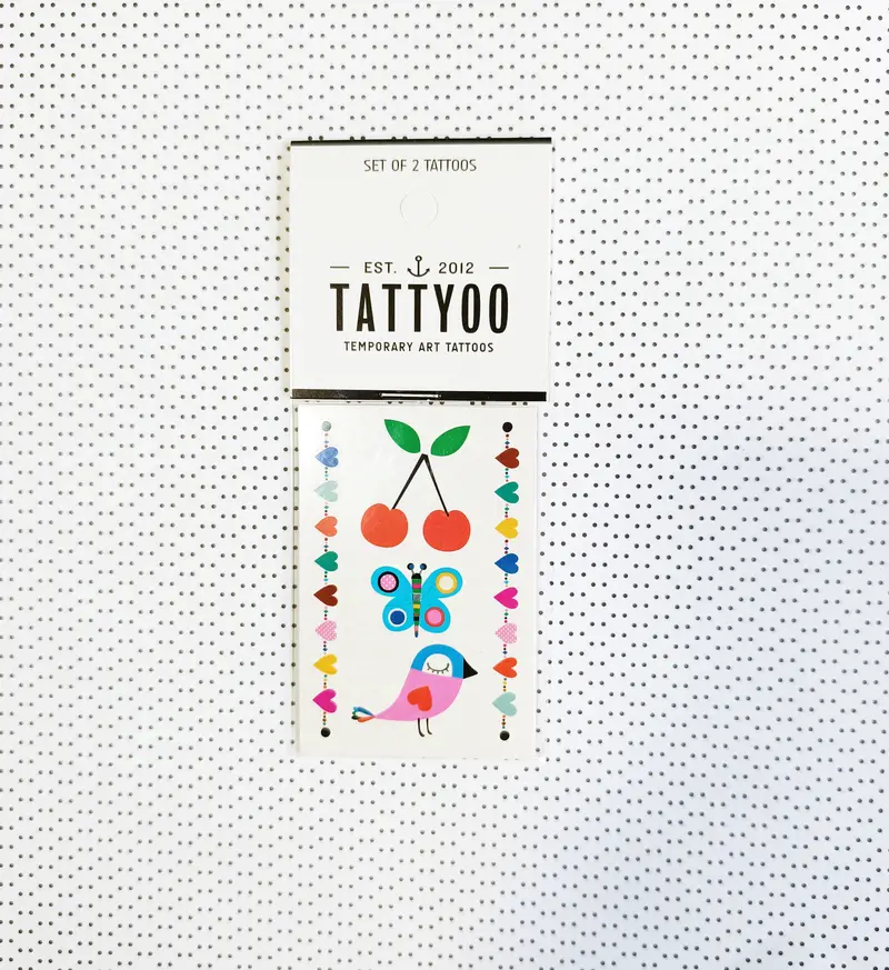 Tatouages éphémères - oiseau, papillon, cerise et coeur