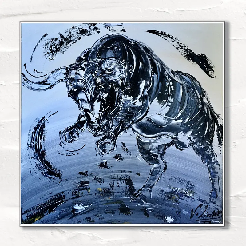 Taureau Noir & Blanc Peinture sur toile 50x50cm