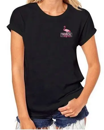 Tee-shirt Flamant Rose Femme Noir Tropical