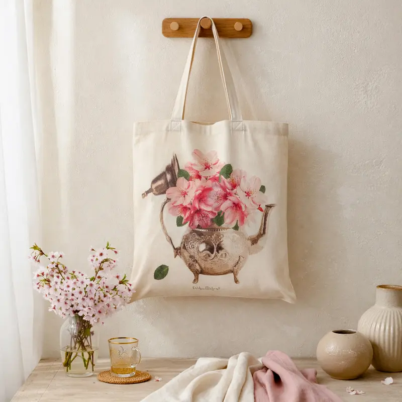 Tote Bag Théière fleurie Printemps
