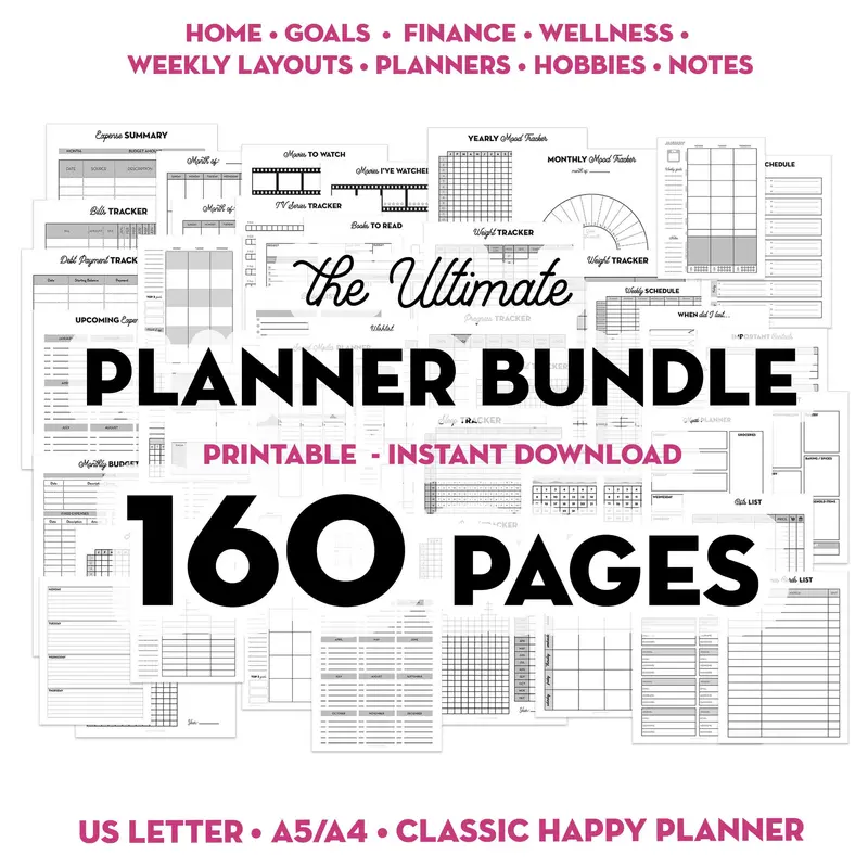 Ultimate Planner Bundle - 160 Printable Planner Inserts for A5, US Letter, Classic Happy Planner